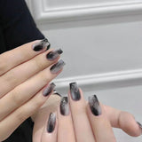 Popxstar 24Pcs Short Purple False Nails Leaf with French Design Gold Foil Wearable Fake Nails Coffin Ballet Full Cover Press on Nail Tips