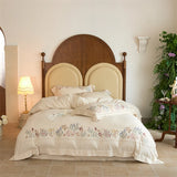 Popxstar  Natural Cotton Linen Vintage French Flowers Embroidery Luxury Bedding Set Duvet Cover Flat/Fitted Bed Sheet Pillowcases 4Pcs