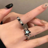 Popxstar New Y2K Kpop Lucky Star Ring Heart Adjustable Irregular Geometric Punk Retro Women Crystal Ring Set Fashion Girls Jewelry Gifts