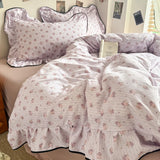 Popxstar Korean Style Floral Ruffles Knitted Double Yarn Bedding Set Double King Queen Size Duvet Cover Flat/Fitted Bed Sheet Pillowcases
