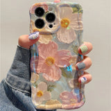 Retro Oil Painting Phone Case For IPhone 16 15 14 13 12 11 Pro Max Luxury Laser Oil Painting Flowers Print Shockproof Cover