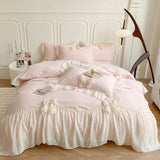 Popxstar Korean Style Princess Lace Bow Bedding Set Pink Sweet Girl Chiffon Ruffles Duvet Cover Bed Sheet Pillowcase Wedding Home Textile