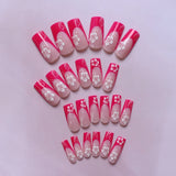 Popxstar 24 sweet cherry blossom red printed coffin full cover fake nails, French white, suitable for women's daily wear, 1 nail file and