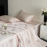 Popxstar  60S Lyocell Bamboo Fiber Flower Embroidery Summer Quilt Bedding Set Soft Silky Thin Comforter Blanket With Bed Sheet Pillowcases