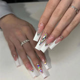 Popxstar 24Pcs White French False Nails with Rhinestone Extra Long Ballet Press on Nails Flower Design Square Head Wearable Fake Nail Tip