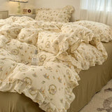 Popxstar  Princess Style Bedding Sets Ruffle Lace Bow Quilt Cover Romantic Bedclothes Decor Woman Girls Bedroom Duvet Cover 4pcs