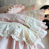 Popxstar  Vintage French Plaid Lace Ruffles 100% Cotton Bedding Set Duvet Cover Set Bed Sheet/Bed Skirt/Fitted Sheet Pillowcases 4Pcs