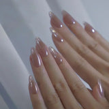 Popxstar 24pcs Silver Almond False Nails Oval Decorated Cloud Milk Wearable Fake Nails Short Press On Nail Coffin Detachable French Tips