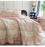 Popxstar  Rose Embossing Quilted Duvet Cover Set Vintage Lace Ruffles Pure Cotton Bedding Set Bed Sheet/Bed Skirt/Fitted Sheet Pillowcases