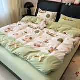 3/4Pcs Bedding Set Bed Sheets Full Set 100% Cotton Checkered Bow Pink Duvet Cover Cute Core Princess Bedding Four-Season