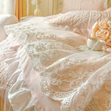 popxstar 4/6Pcs Pink Princess Wedding Lace Embroidery Korean Style Bedding Set King Queen Size Duvet Cover Bed Skirt Bedspread Pillowcase
