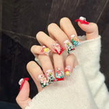 10Pcs Christmas Red Press on Nails Duckbill Shape Nail Cute 3D Cartoon Fake Nails Santa Claus Christmas Tree Decor False Nails