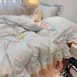 Popxstar  3/4Pcs Korean Princess Style Floral Lace Ruffle 100% Cotton Bedding Set Duvet Cover Bed Skirt/Bed Sheet/Fitted Sheet Pillowcases