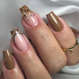 Popxstar  3D Bowknot Pearl Wearable Nail Art Fashion Leopard French Nude Almond Fake Nails Detachable Finished False Nails Press on Nails