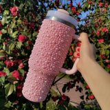40oz Diamond Thermos Cup With Handle 304 Stainless Steel Vacuum Flasks Portable Car Coffee Cup Insulated Thermal Water Bottles
