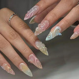 Popxstar 24Pcs Pink Almond False Nails Butterfly Ballet with French Design Wearable Fake Nails Simple Artificial Press on Nails Tips Art