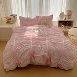 Solid Color Pleated Textured Soft Breathable Chic Princess 4pcs Bedding Set, Delicate Bows Twin Duvet cover Bed sheet Pillowcase