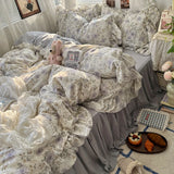 Popxstar 3/4Pcs Korean Princess Style Floral Ruffles Bedding Set Skin-friendly Soft Duvet Cover Set Bed Sheet Or Bed Skirt Pillowcases