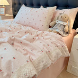 3/4Pcs Bedding Set French Floral Lace Trim Boiled Cotton Bed Linen Summer Cooling Duvet Cover Single Double Bed Full-Size