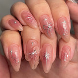 Popxstar 24pcs Sweet False Nail Patches Detachable Fake Nail Tips With Bowknots Love Heart Pearl Design Pink Almond Korean Press On Nail