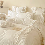 Popxstar Korean Princess Style Lace Ruffles Bedding Set Solid Color Duvet Cover Set Flat/Fitted Bed Sheet Pillowcases With Pillowcases