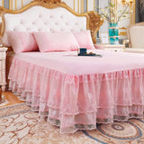 Popxstar shabby chic Pink Bed Skirt Non-slip Mattress Cover 3 Layers Bed Skirt Cover Princess Lace Ruffled Bed Skirt Bedsheet Kids Girls Bedspread