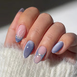 Popxstar  24pcs Simple Love Design False Nails Art Press on Bow Flower Datachable Fake Nails Sets Polka Dots Blue Short Oval Manicure Tips