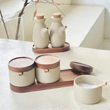 Popxstar Ceramic Seasoning Jar Retro Japanese Style Home Kitchen Salt Chili Sugar Jar Oil Pot Wooden Lid Spice Kitchen Utensils Modern