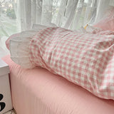 Popxstar Korean Princess Style Lattice Double Layer Lace Bedding Set Soft Quilt Cover Plaid Style Duvet Covers Set Bed Sheet Pillowcases