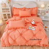 Popxstar Korean Princess Duvet Cover Set Simple Solid Color Bedding Set Lace Ruffles Bed Skirt Sheets Gilr Quilt Cover Full Queen Size