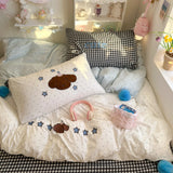 3/4Pcs Bedding Set Polka Dot Cartoon Puppy Checkered Sheet Boiled Cotton Bed Linen Kawaii Cotton Duvet Cover Set Full Size