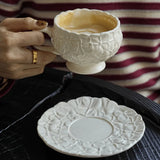 Popxstar  French Cream Relief Coffee Cups Set  Cafe Afternoon Tea Coffee Cups Retro Cappuccino Flower Patterned Cup Unique Creativity Gift