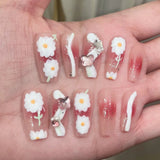 Popxstar  10pcs Long Ballet Handmade False Nails Tips Summer Day Purple Cat's Eye Fake Nail Sets Flower Coffin Reusable Press on Nails Art