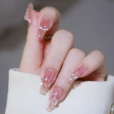 popxstar 24Pcs Mid-Length Fake Nails 3D Flower Pearl Designs Nude Pink Color Press on Nails Ballerina False Nails for Women DIY Manicure