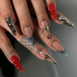 Popxstar 24pcs Silver Almond False Nails Oval Decorated Cloud Milk Wearable Fake Nails Short Press On Nail Coffin Detachable French Tips