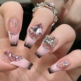 popxstar Black Y2K Press on Nails Long Coffin Pink Fake Nails with Diamond Designs Gradient Color Wearable False Nail for Women 2025 New