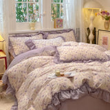 3/4Pcs Bedding Set Korean Country Style Purple Ruffle Duvet Cover Bed Sheets With Pillowcase Double Bed Linen Cotton Four-Season