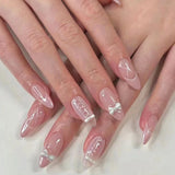 Popxstar Blush Pink False Nails Bowknot Diamond Pearl 3D Design Press on Nail Tips with Harmless Smooth Edge Nails Woman DIY Fake Nails