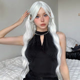 Popxstar Long Water Wave Wig with Bangs White Colorful Cosplay Silky Wig for Women Daily Party Natural Soft Synthetic Hair Heat Resistant