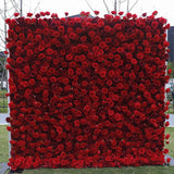 Popxstar 2.4m/8ft Flower Wall 5D Cheap Red Rose Artificial Burgundy Fabric Cloth Roll Up Floral Wall Wedding Party Curtain Backdrop Decor