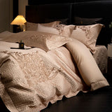 Popxstar  4Pcs European Luxury Brocade Silk Cotton Embroidery Bedding Set Soft Silky Duvet Cover Set With Quilted Bedspread Pillowcases