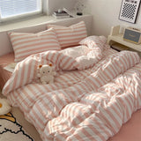 4 Pieces Striped Duvet Cover Set, 100% Washed Cotton Ins Style Bedding Set, Soft Skin Friendly Quilt Cover Bed Sheet Pillowcase