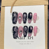 Popxstar  10Pcs Black Handmade Press on Nails Flower Ballet Wearable Rhinestone False Nails Decoration Chinese Manicure Fake Nails Tips