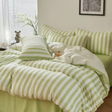 4Pcs Washed Microfiber Vertical striped colorful Bedding Set, Sweet Style Soft Duvet Cover with Zipper Flat Sheet Pillowcases