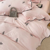 Popxstar 3pcs bow embroidery Bedding set ruffles Duvet Cover Set (1*Duvet Cover + 2*Pillowcase, Without Core)for bedroom guest room