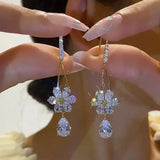 Popxstar New Elegant White Zircon Flower Drop Shape Pendant Gold Color Earrings for Women Exquisite Sweet Temperament Girls Jewelry