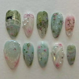 Popxstar 24Pcs Pink Almond False Nails Butterfly Ballet with French Design Wearable Fake Nails Simple Artificial Press on Nails Tips Art