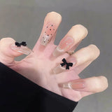 popxstar Blush Pink Handmade Press On Nails 10Pcs Glossy Ballerina Fake Nails 3D Black Bowknot Decor Women Girls Charm False Nail Patches