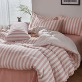 4Pcs Washed Microfiber Vertical striped colorful Bedding Set, Sweet Style Soft Duvet Cover with Zipper Flat Sheet Pillowcases