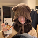 Popxstar Cute Girl Knit Ear Protection Hat Bear Women Earmuffs Cap Woolen Crochet Bonnet Solid Color Hood Beanies Winter Warm Headgear